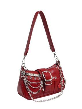 Faux Leather Shoulder Bag Studded Y2K Punk Metal Chain Top Handle Purse